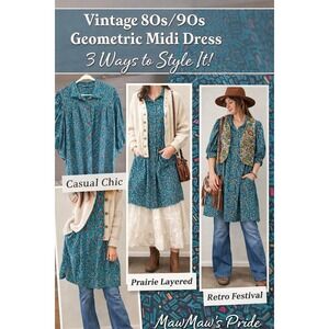 Vintage 80s 90s Geometric Midi Dress Teal Abstract Print Button Front Boho M/L